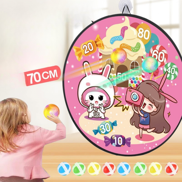 Joc Darts Flippy pentru Copii, Placa Pliabila 70 cm, 8 Mingii Velcro/Scai Simple, 2 Mingii Luminoase, Model Acadele, Roz [6]