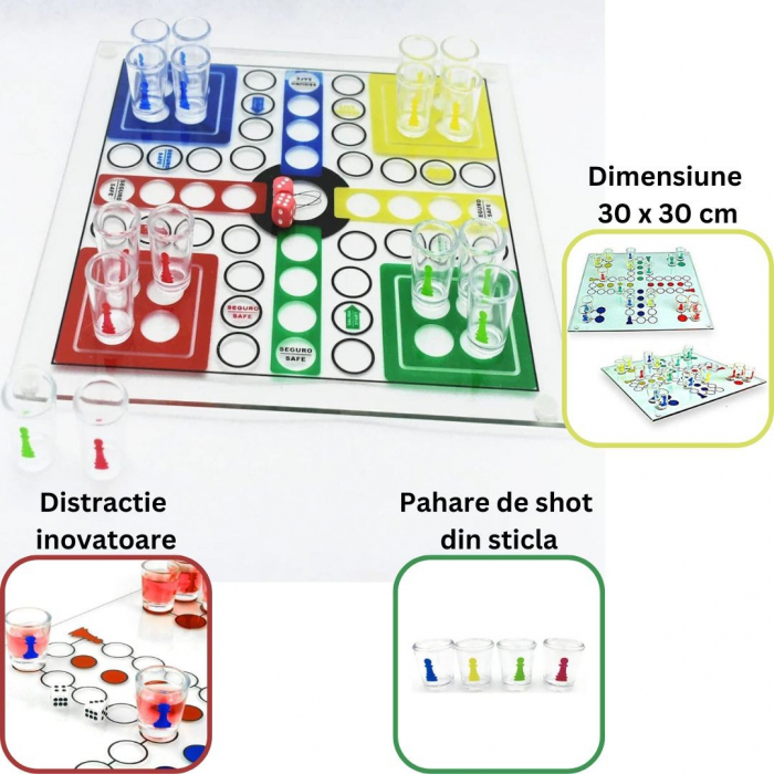 Joc de baut, Nu te supara frate, Flippy, cu pahare de shot din sticla, 30x30 cm, multicolor [4]