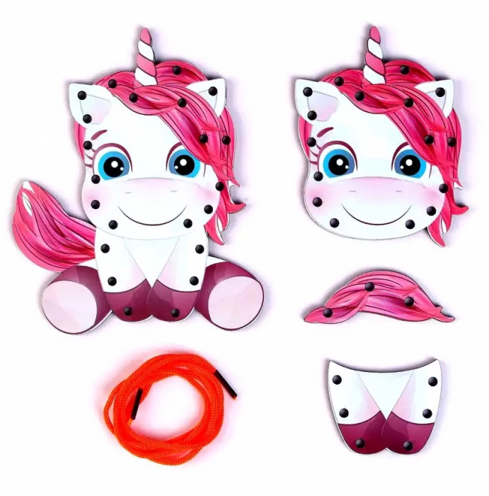 Joc de creatie si îndemânare din lemn cu siret - Unicorn, Roz [3]