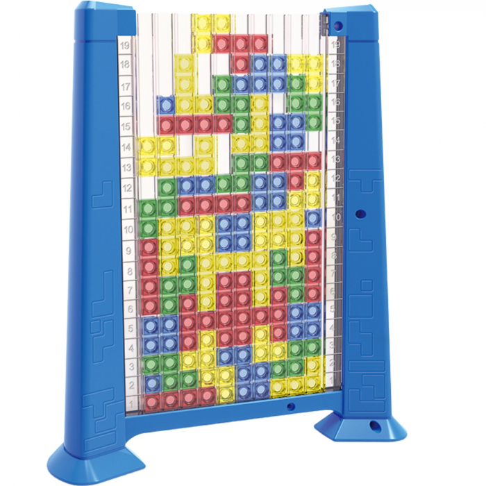 Joc de inteligenta Tetris puzzle tangram Flippy, 70 de piese multicolore, 3D, montessori, interactiv, din plastic, zar inclus, sac depozitare piese, varsta peste 6 ani, 23 x 19.8 x 5 cm, cadru albastr [1]