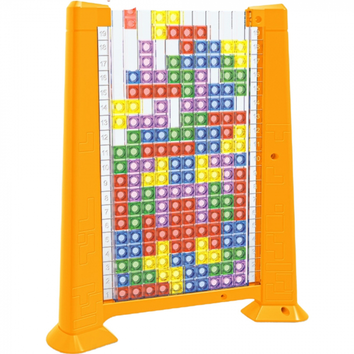 Joc de inteligenta Tetris puzzle tangram Flippy, 70 de piese multicolore, 3D, montessori, interactiv, din plastic, zar inclus, sac depozitare piese, varsta peste 6 ani, 23 x 19.8 x 5 cm, cadru galben [1]