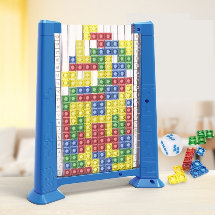 Joc de inteligenta Tetris puzzle tangram Flippy, 70 de piese multicolore, 3D, montessori, interactiv, din plastic, zar inclus, sac depozitare piese, varsta peste 6 ani, 23 x 19.8 x 5 cm, cadru albastr [3]