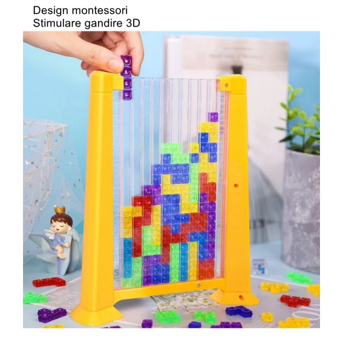 Joc de inteligenta Tetris puzzle tangram Flippy, 70 de piese multicolore, 3D, montessori, interactiv, din plastic, zar inclus, sac depozitare piese, varsta peste 6 ani, 23 x 19.8 x 5 cm, cadru galben [2]