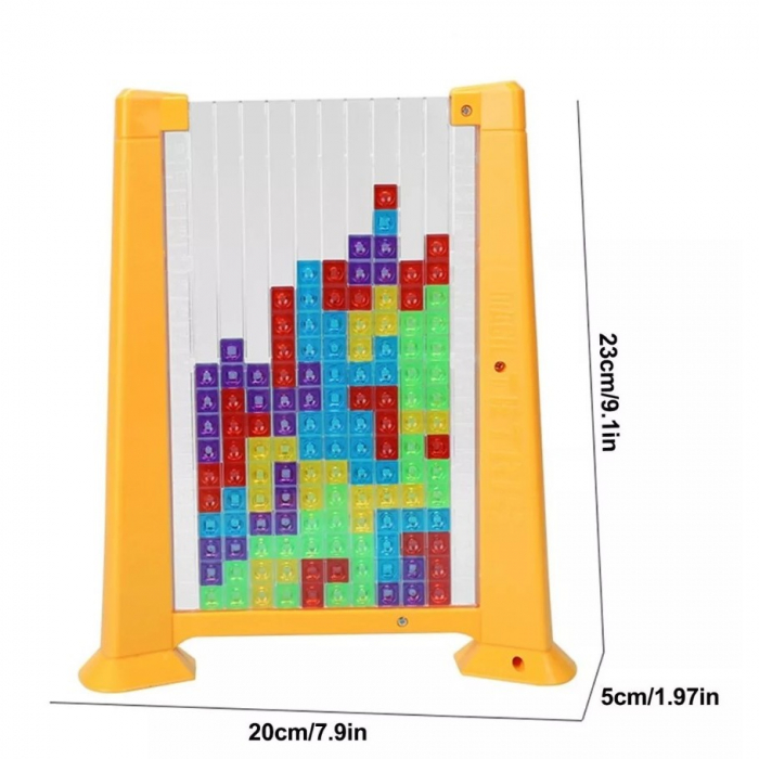 Joc de inteligenta Tetris puzzle tangram Flippy, 70 de piese multicolore, 3D, montessori, interactiv, din plastic, zar inclus, sac depozitare piese, varsta peste 6 ani, 23 x 19.8 x 5 cm, cadru galben [6]