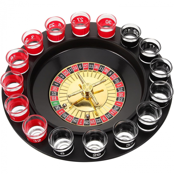 Lichidare Joc de Ruleta Flippy, cu Pahare de Shot si Plansa de Joc Blackjack, 31 cm, Rosu-Negru [10]