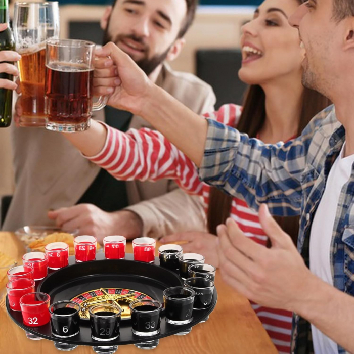 Lichidare Joc de Ruleta Flippy, cu Pahare de Shot si Plansa de Joc Blackjack, 31 cm, Rosu-Negru [8]