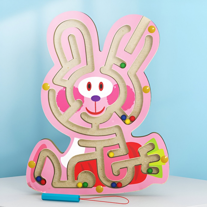 Joc Montessori cu Bile, Flippy, Creion Magnetic, Tip Labirint, din Lemn, Model Iepuras, 19.5x15.5 cm, Roz [2]