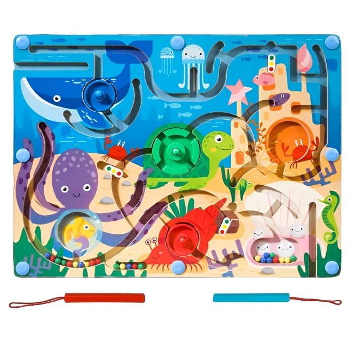 Joc Montessori de Sortare Culori, Flippy, Creion Magnetic, Tip Labirint Ilustrat, din Lemn, Model Animale Marine, 39x29x1.5 cm [1]