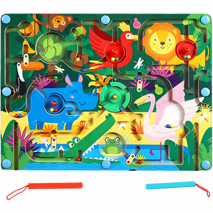 Joc Montessori de Sortare Culori, Flippy, Creion Magnetic, Tip Labirint Ilustrat, din Lemn, Model Animale Salbatice, 39x29x1.5 cm [1]