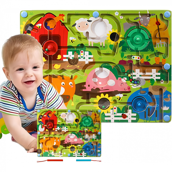 Joc Montessori de Sortare Culori, Flippy, Creion Magnetic, Tip Labirint Ilustrat, din Lemn, Model Ferma, 39x29x1.5 cm [9]