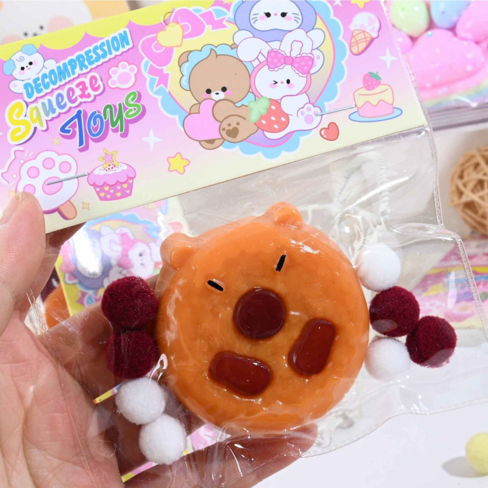 Jucarie Antistres Squishy, Flippy, cu Revenire Lenta, Forma de Biscuite Rotund, Model Capybara, 7x6.5 cm, 55g, Ambalaj Transparent, Maro [4]