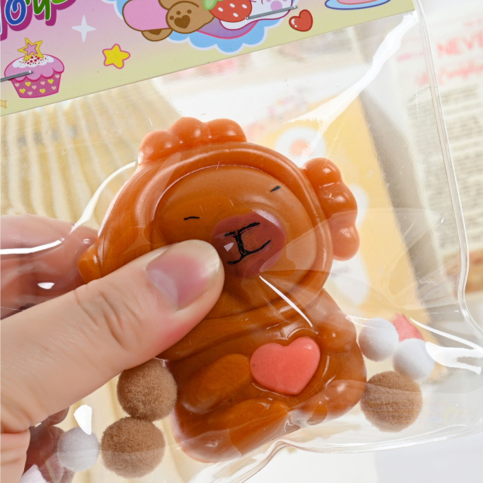 Jucarie Antistres Squishy, Flippy, cu Revenire Lenta, Model Capybara cu Inima, 7.5cmx6.5 cm, din TPR, Ambalaj Transparent, Maro [4]