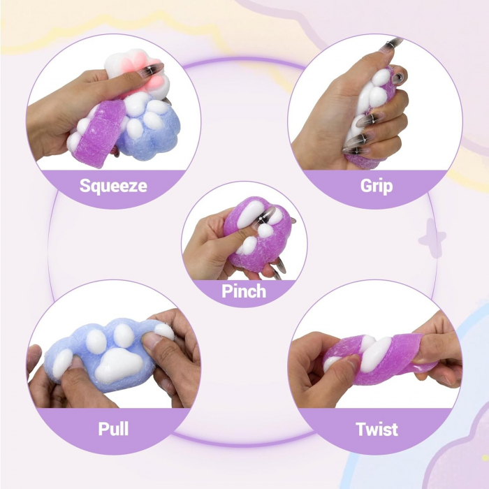 Jucarie Antistres Squishy, Flippy, cu Revenire Lenta, Model Labuta de Pisica Pufoasa, 6x6 cm, 72g, Ambalaj Transparent, Mov-Alb [3]
