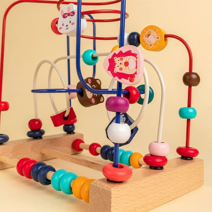 Jucarie din Lemn Montessori, Flippy, Labirint Motricitate cu Abac si Animalute, Rollercoaster pentru Copii, Educativ, Dezvoltarea Abilitatilor Motorii, Numaratoare, 22.5x22.5x15 cm, Multicolor [4]