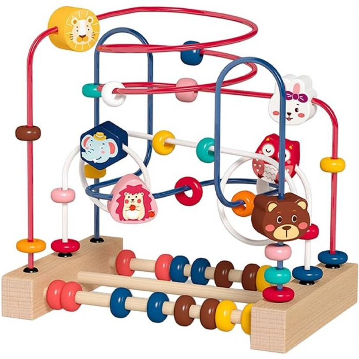 Jucarie din Lemn Montessori, Flippy, Labirint Motricitate cu Abac si Animalute, Rollercoaster pentru Copii, Educativ, Dezvoltarea Abilitatilor Motorii, Numaratoare, 22.5x22.5x15 cm, Multicolor [8]