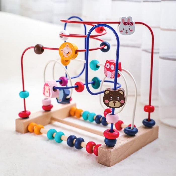 Jucarie din Lemn Montessori, Flippy, Labirint Motricitate cu Abac si Animalute, Rollercoaster pentru Copii, Educativ, Dezvoltarea Abilitatilor Motorii, Numaratoare, 22.5x22.5x15 cm, Multicolor [3]