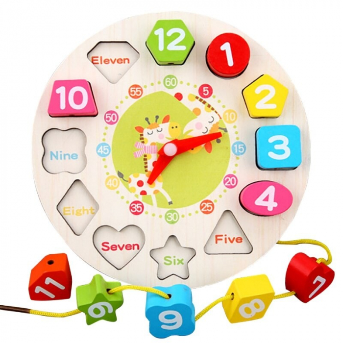Jucarie Educativa Flippy, Tip Montessori, Model Ceas Girafa, din Lemn, + 36 Luni, 12 Piese, 17 cm, Multicolor [6]
