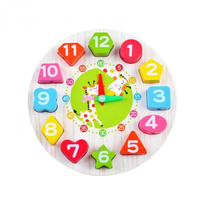 Jucarie Educativa Flippy, Tip Montessori, Model Ceas Girafa, din Lemn, + 36 Luni, 12 Piese, 17 cm, Multicolor [1]