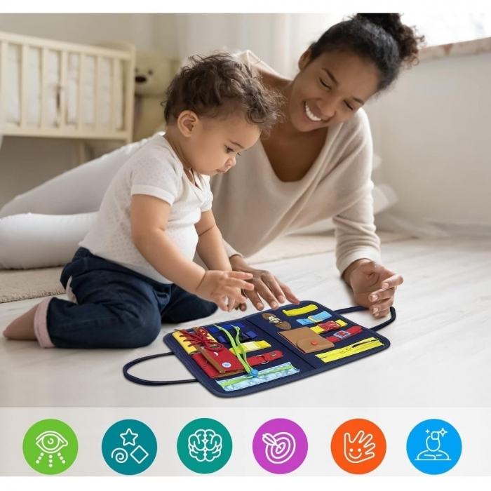 Jucarie educativa Montessori, mapa senzoriala textila cu elemente interactive, 1-4 ani, 14 piese, Multicolor [2]