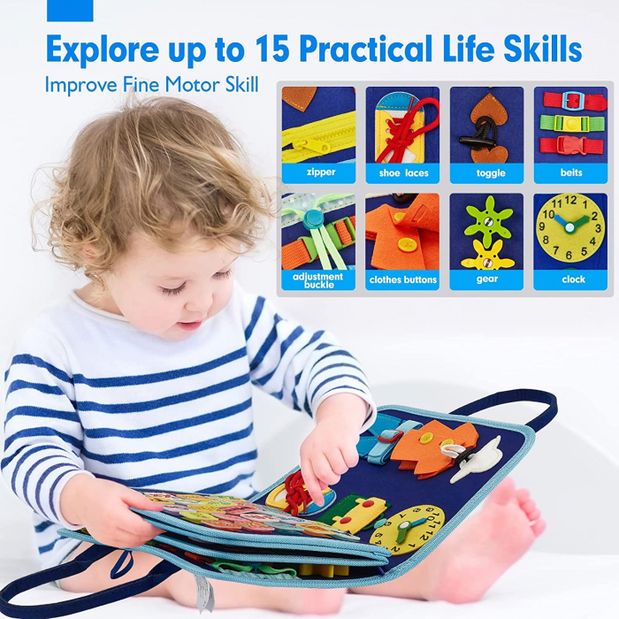 Jucarie educativa Montessori, mapa senzoriala textila cu elemente interactive, 5 pagini,1-4 ani, 14 piese, Model dinozauri [5]