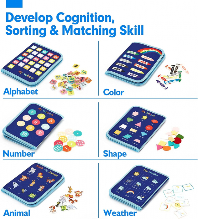 Jucarie educativa Montessori, mapa senzoriala textila cu elemente interactive, 5 pagini,1-4 ani, 14 piese, Model dinozauri [4]