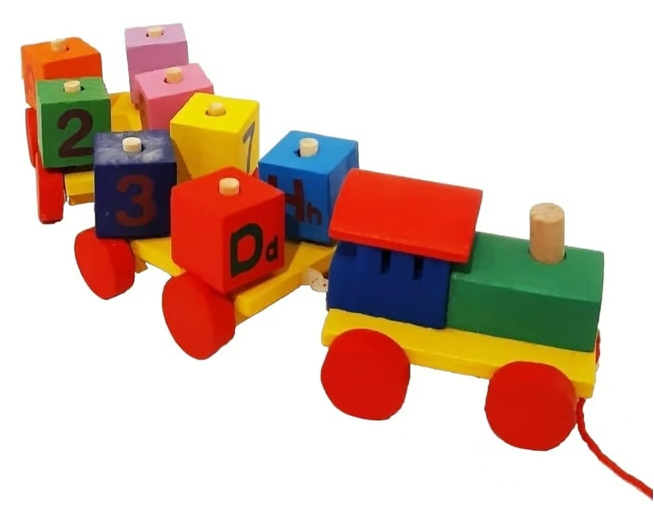 Jucarie educativa pentru copii, trenulet din lemn cu snur + 8 cuburi alfabet si numere, 3+ ani, Multicolor [2]