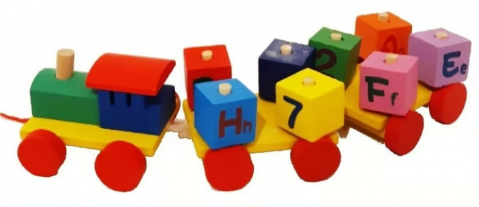 Jucarie educativa pentru copii, trenulet din lemn cu snur + 8 cuburi alfabet si numere, 3+ ani, Multicolor [3]