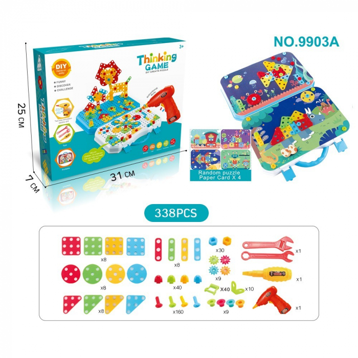 Jucarie Educativa Si Interactiva, Flippy, Set De Constructie Puzzle Din ABS Cu Bormasina Pentru Dezvoltatea Creativitatii Si A Indemanarii 2D si 3D, Valiza, +3, 31x7x25 cm, 338 Piese [2]