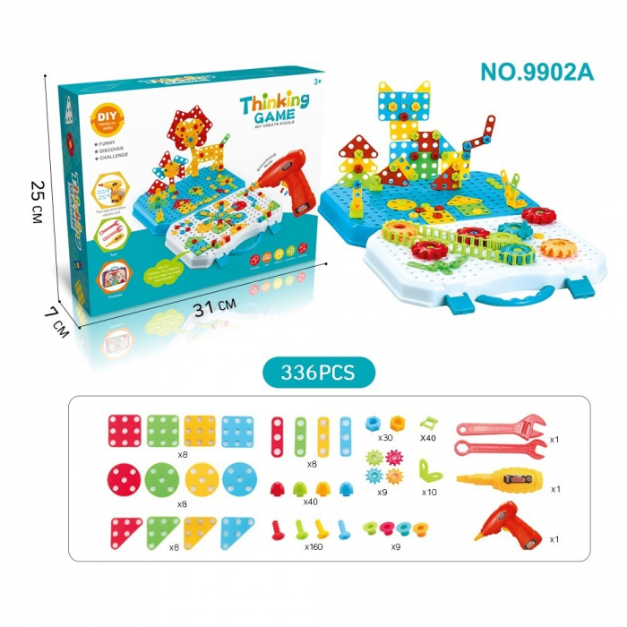 Jucarie educativa si interactiva, set de constructie puzzle din abs cu bormasina, valiza, +3 ani, 31x25 cm, 336 piese [8]