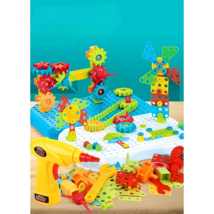 Jucarie educativa si interactiva, set de constructie puzzle din abs cu bormasina, valiza, +3 ani, 31x7x25 cm, 338 piese [3]