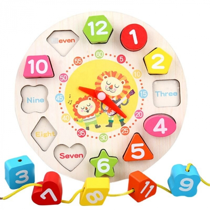 Jucarie Educativa , Tip Montessori, Model Ceas Leu, din Lemn, + 36 Luni, 12 Piese, 17 cm, Multicolor [6]