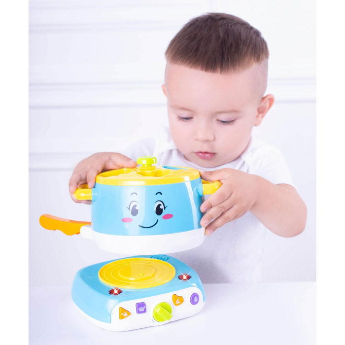 Jucarie interactiva bebe, Oala magica de gatit cu forme, sunete si lumini, Albastra [6]