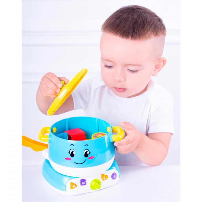 Jucarie interactiva bebe, Oala magica de gatit cu forme, sunete si lumini, Albastra [7]