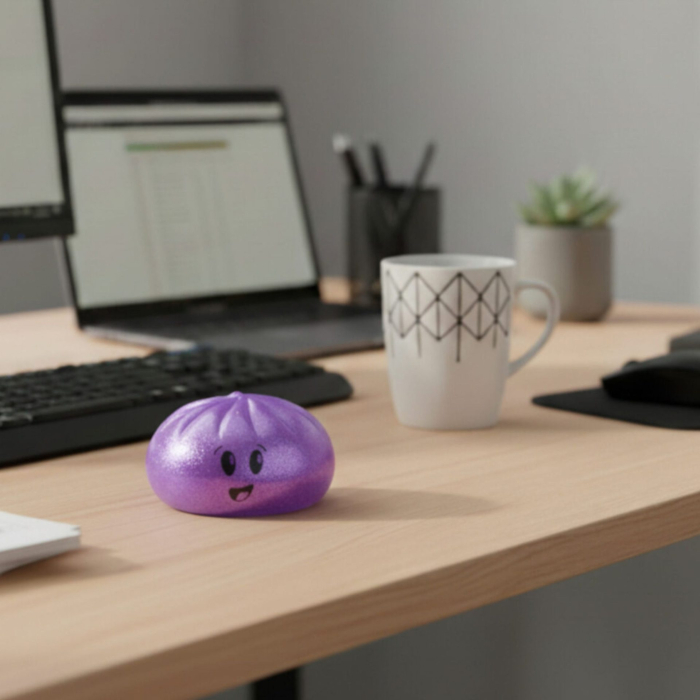 Jucarie Interactiva Dumpling Squishy, Flippy, Model Emoji Bun cu Sclipici, Jucarie Antistres pentru Copii si Maturi, Efect Calmant cu Revenire Lenta, 10 x 10 cm, Mov [4]