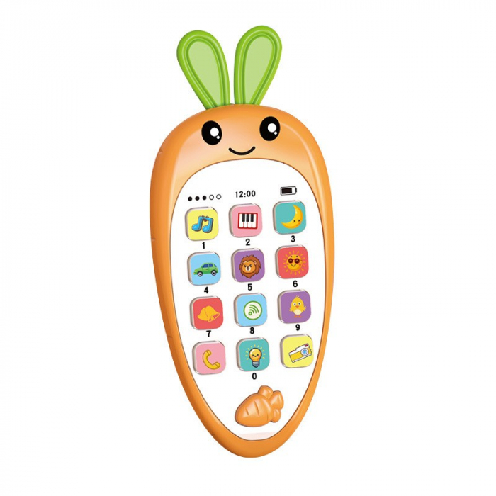 Jucarie Interactiva, Flippy, Telefon Inteligent, Model Morcov, Functii Educative, Muzicale si Voce, 4-6 ani, 19 x 11.5 cm, din Plastic, Portocaliu [3]