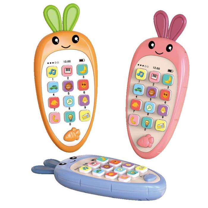 Jucarie Interactiva, Flippy, Telefon Inteligent, Model Morcov, Functii Educative, Muzicale si Voce, 4-6 ani, 19 x 11.5 cm, din Plastic, Portocaliu [1]