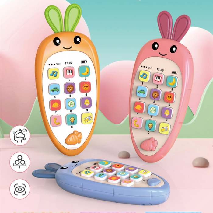 Jucarie Interactiva, Flippy, Telefon Inteligent, Model Morcov, Functii Educative, Muzicale si Voce, 4-6 ani, 19 x 11.5 cm, din Plastic, Portocaliu [2]