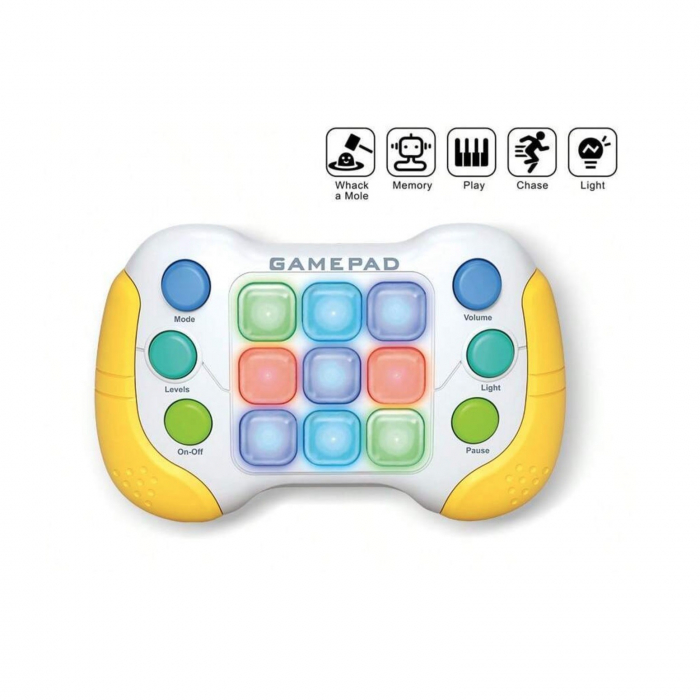 Jucarie Interactiva Flippy, Tip Consola Pop It, 6 butoane functionale, 5 Moduri de Joc, 600 Niveluri, + 3 ani, Galben/Gri [2]