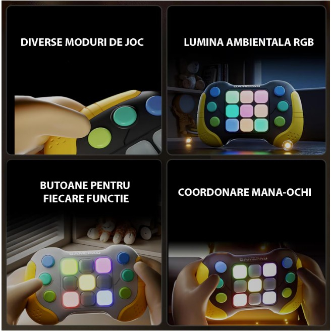 Jucarie Interactiva Flippy, Tip Consola Pop It, 6 butoane functionale, 5 Moduri de Joc, 600 Niveluri, + 3 ani, Galben/Negru [10]