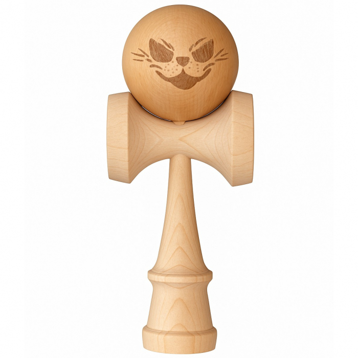 Jucarie Interactiva Kendama, Flippy, din Lemn, 18 cm, Joc de Indemanare pentru Copii si Adulti, Model Crazy Cat, Maro Natur [1]