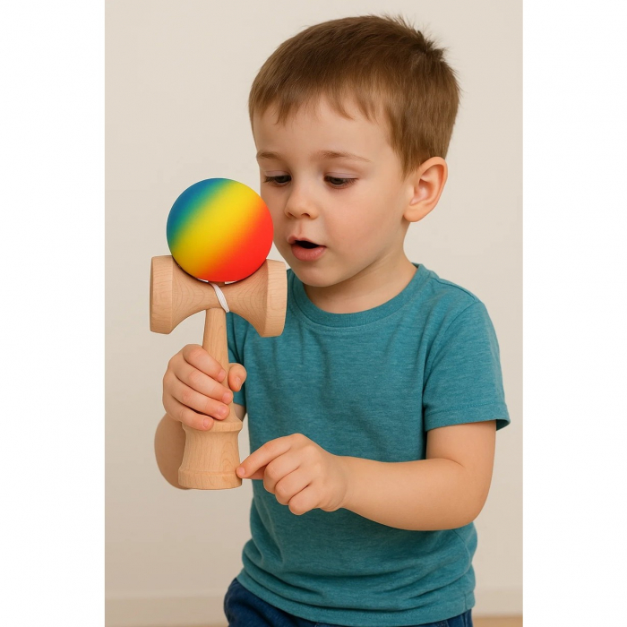 Jucarie Interactiva Kendama, Flippy, din Lemn, 18 cm, Joc de Indemanare pentru Copii si Adulti, Model Gradient 3, Rosu/Galben/Albastru [4]