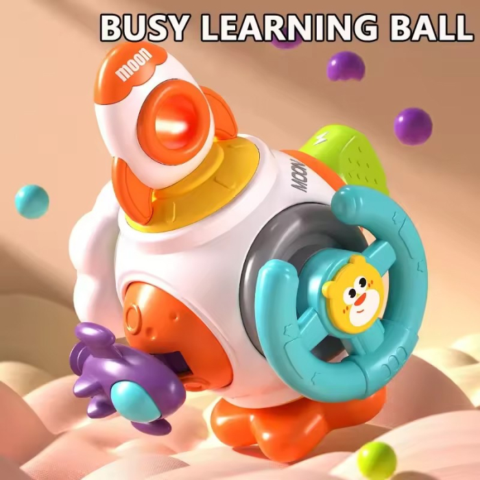 Jucarie interactiva Montessori, Flippy, Jucarie pentru Bebelusi, Model Racheta Spatiala, din Plastic rezistent, Varsta 18+ luni, 15 x 13 x 12 cm, Alb/Portocaliu [7]