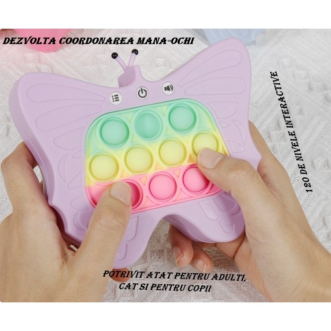 Lichidare Jucarie Interactiva Tip Consola pentru Copii, Flippy, Diferite Moduri de Joc, 120 Nivele, Material ABS/silicon, Sunete si Lumini, 12 x 5.5 x 13.5 cm, Model Fluture, Mov [3]