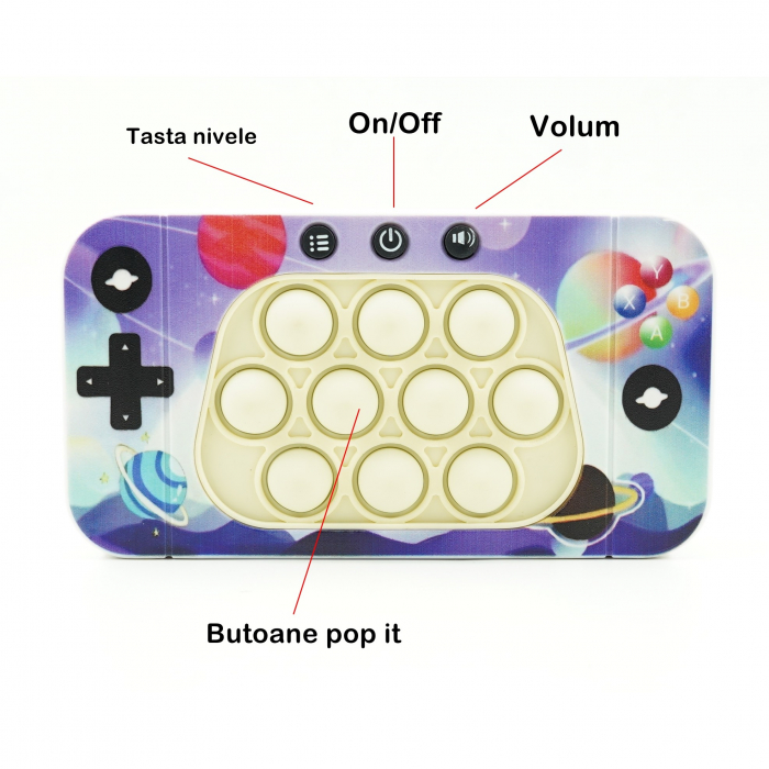 Jucarie interactiva tip consola pentru copii Flippy, speed push whack-a-mole, joc de viteza pop it, material ABS/silicon, cu nivele, sunete si lumini, 15.5 x 7.6 x 5.3 cm, model spatiu, multicolor [5]