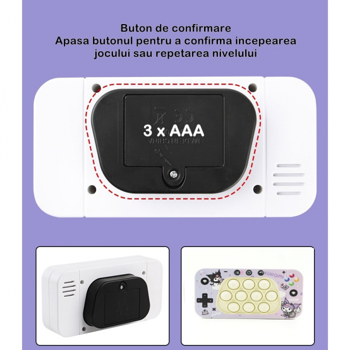 Jucarie interactiva tip consola pentru copii Flippy, speed push whack-a-mole, joc de viteza pop it, material ABS/silicon, cu nivele, sunete si lumini, 15.5 x 7.6 x 5.3 cm, model elfi, mov [5]