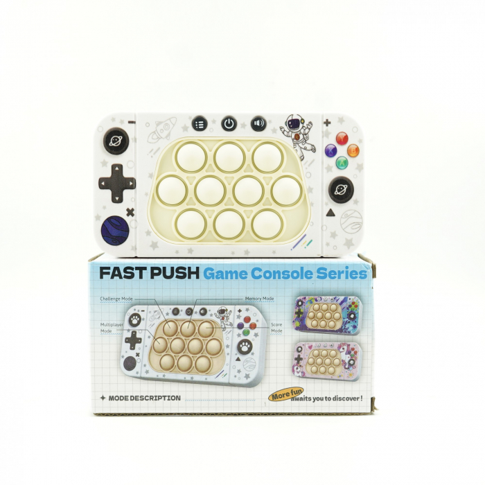 Jucarie interactiva tip consola pentru copii Flippy, speed push whack-a-mole, joc de viteza pop it, material ABS/silicon, cu nivele, sunete si lumini, 15.5 x 7.6 x 5.3 cm, model astronaut, alb [3]