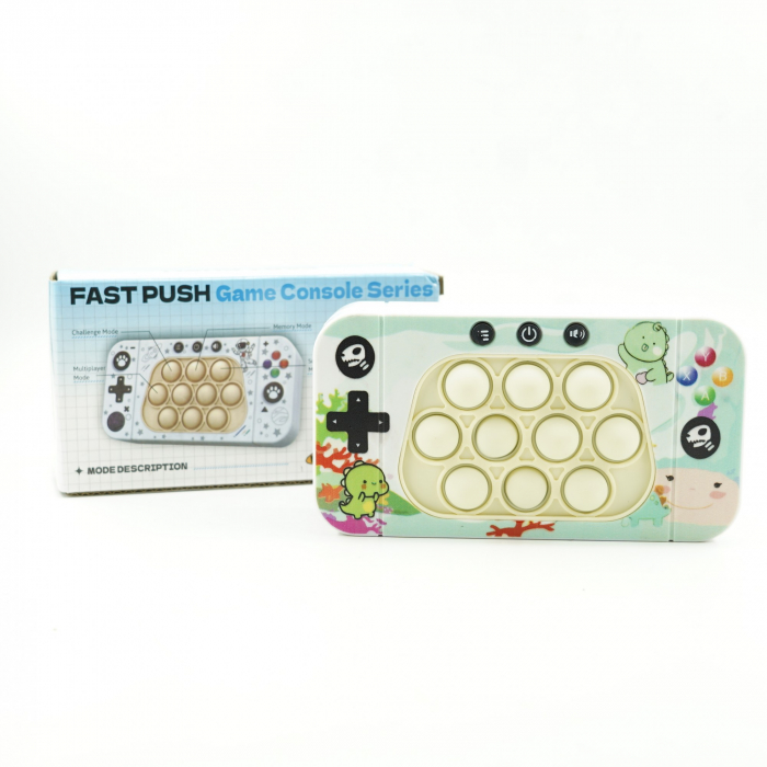 Jucarie interactiva tip consola pentru copii Flippy, speed push whack-a-mole, joc de viteza pop it, material ABS/silicon, cu nivele, sunete si lumini, 15.5 x 7.6 x 5.3 cm, model dinozaur, verde [4]