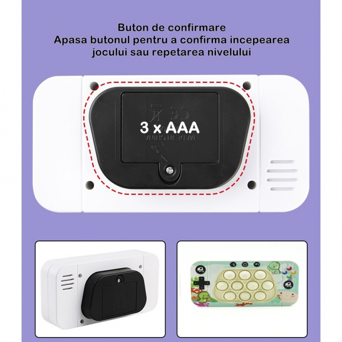 Jucarie interactiva tip consola pentru copii Flippy, speed push whack-a-mole, joc de viteza pop it, material ABS/silicon, cu nivele, sunete si lumini, 15.5 x 7.6 x 5.3 cm, model dinozaur, verde [6]