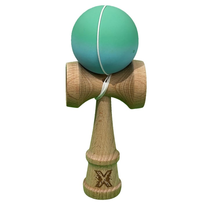 Jucarie Kendama X Originala, Profesionala, Flippy, din Lemn, Rubber Grip, 18 cm, Gradient Turcoaz/Alb [1]