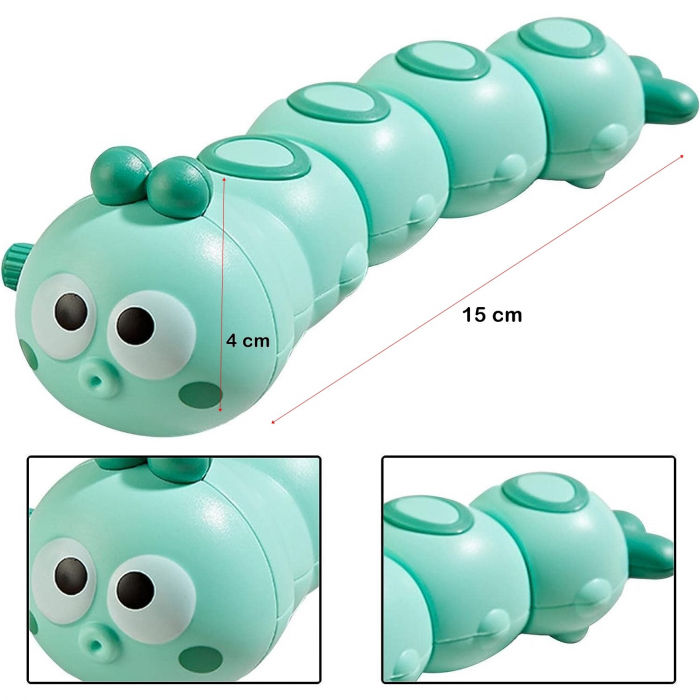 Jucarie mecanica pentru copii Flippy, omida haioasa, cu cheita, distractiva, se taraste, se misca, 15 x 4 cm, verde [2]